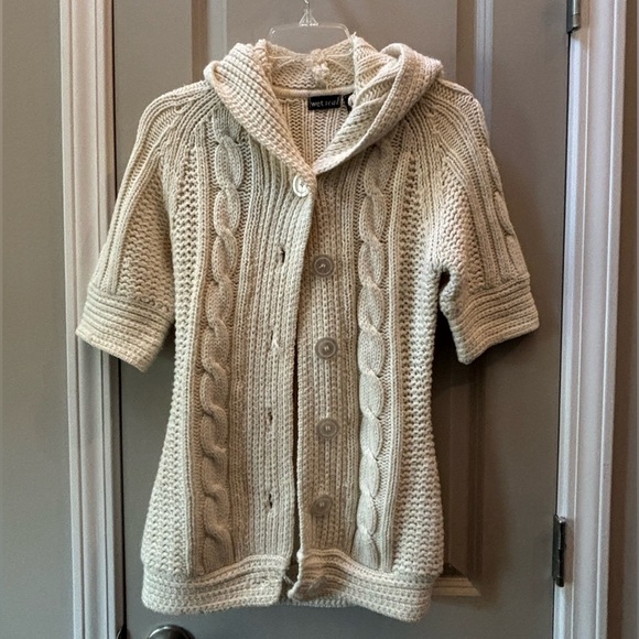 Y2K Wet Seal Women's Cream Cable Knit Short Sleeved Cardigan - Picture 1 of 5